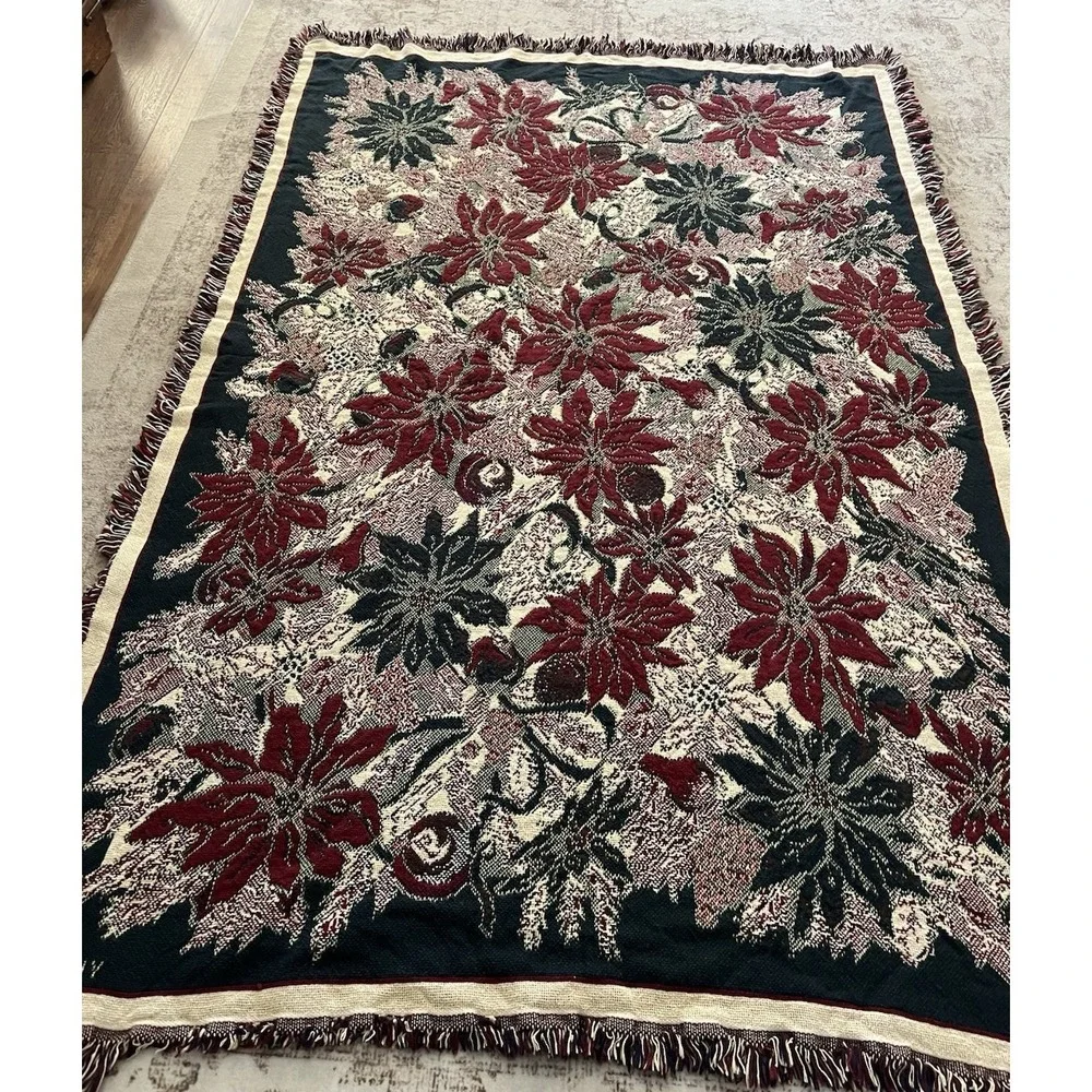REVERSIBLE Christmas Tapestry Throw Blanket Poinsettia Flower Holiday 67